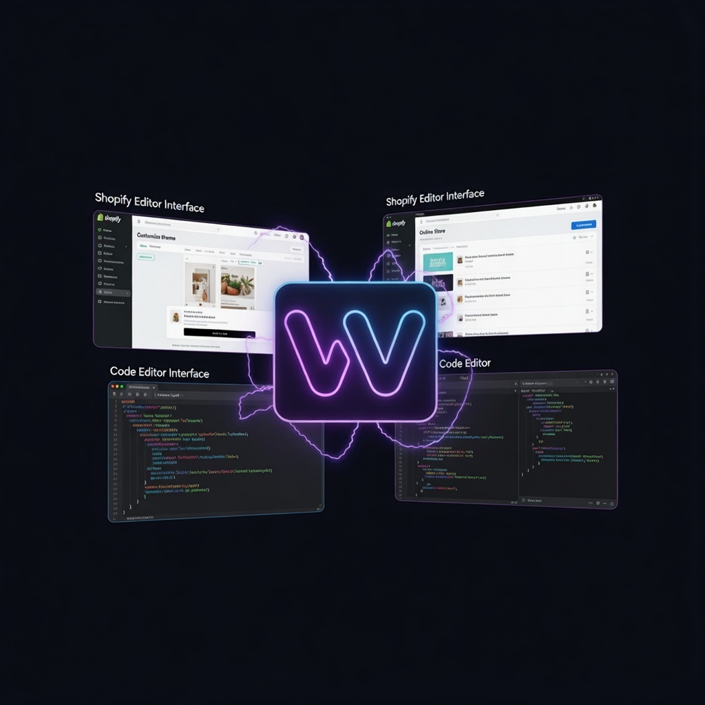 Neon-styled Weebly logo in the center with four screenshots around it showing Shopify Editor Interface on top and Code Editor Interface on the bottom.