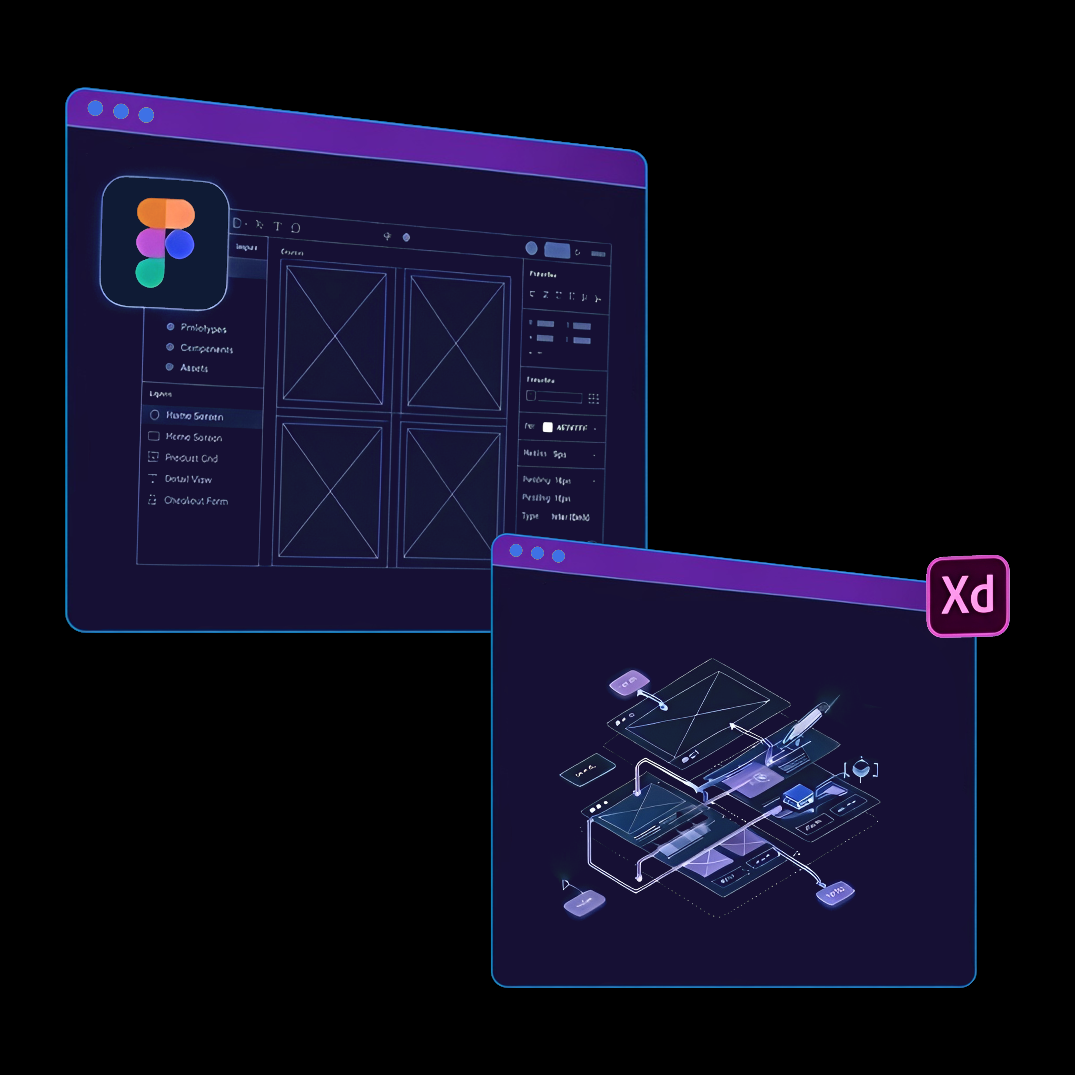 Stylized web browser window with a video play icon, side thumbnails, and text lines on a purple background.