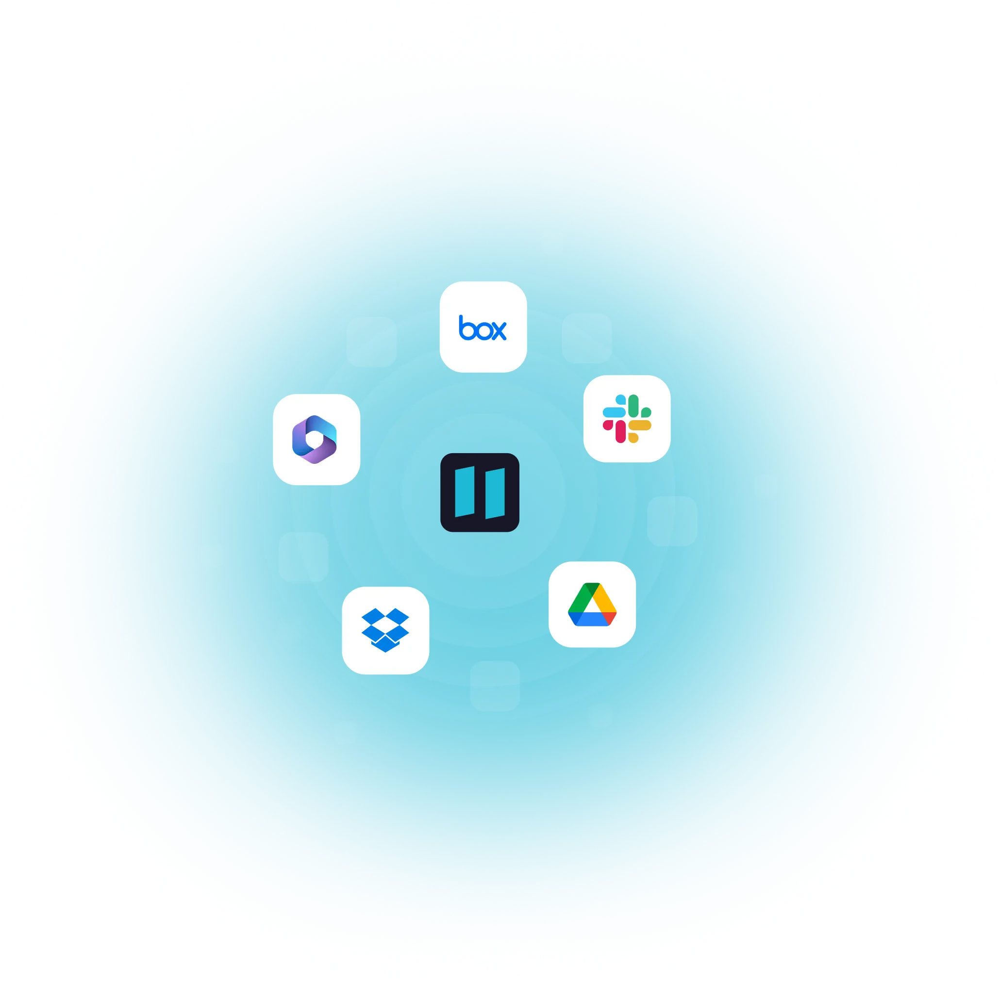 Trello logo at center surrounded by icons of Box, Slack, Google Drive, Dropbox, and Microsoft Teams on a blue background.