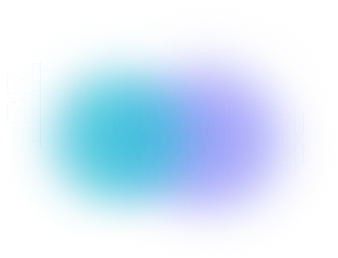 Abstract glowing shape with overlapping aqua and purple blurred circles forming a bright gradient.