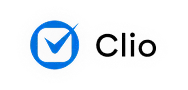 Clio brand logo featuring a blue checkmark inside a blue circle followed by the black text 'Clio'.