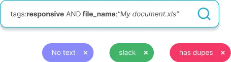 Search bar with query 'tags:responsive AND file_name:"My document.xls"' and filter tags below: No text, slack, has dupes.