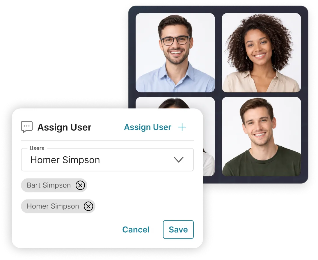 User interface showing a video call grid with four smiling participants and a popup window for assigning users named Homer Simpson and Bart Simpson.