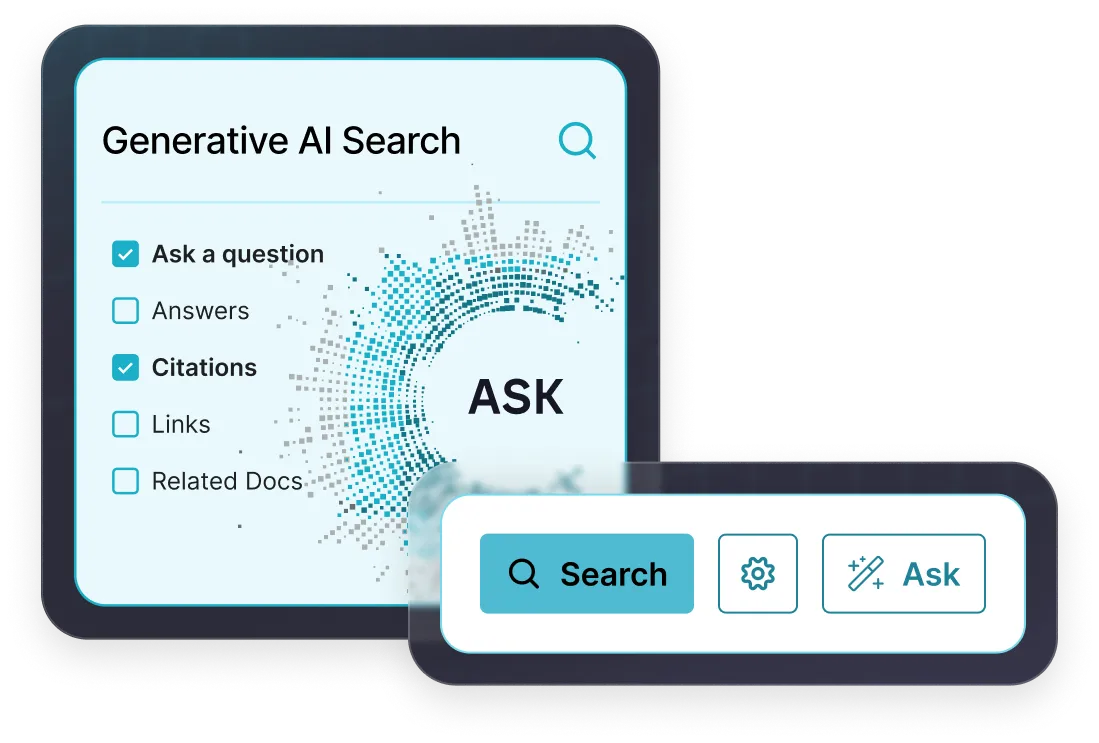 Interface of a generative AI search tool showing options to ask a question, view answers, citations, links, and related documents, with a search button and ask button below.