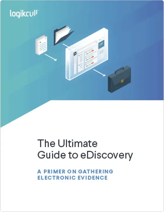 Cover of a guide titled 'The Ultimate Guide to eDiscovery' with subtitle 'A primer on gathering electronic evidence' featuring a graphic of digital file transfer from documents to a briefcase.