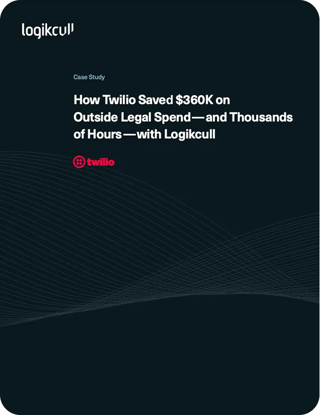Case study cover titled 'How Twilio Saved $360K on Outside Legal Spend—and Thousands of Hours—with Logikcull' with Twilio and Logikcull logos on a dark background with wave patterns.