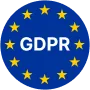 Blue circle with twelve yellow stars arranged in a circle around the white text GDPR.