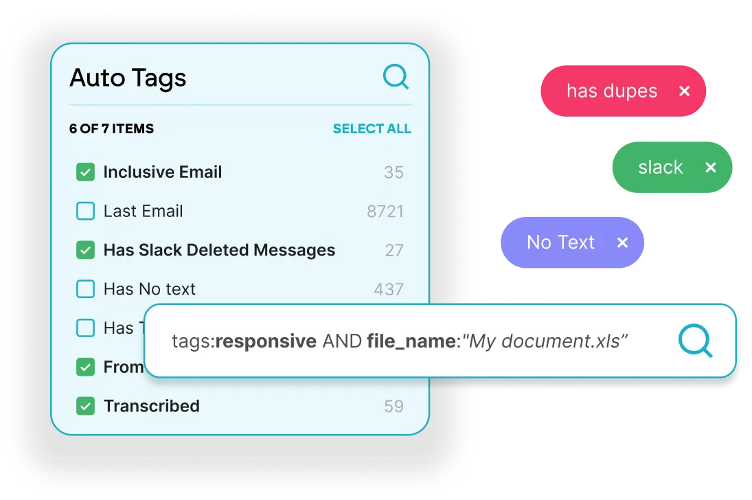 Interface showing auto tag options with checkboxes, search bar with query tags: responsive and file_name:"My document.xls", and colored tag labels including has dupes, slack, and No Text.