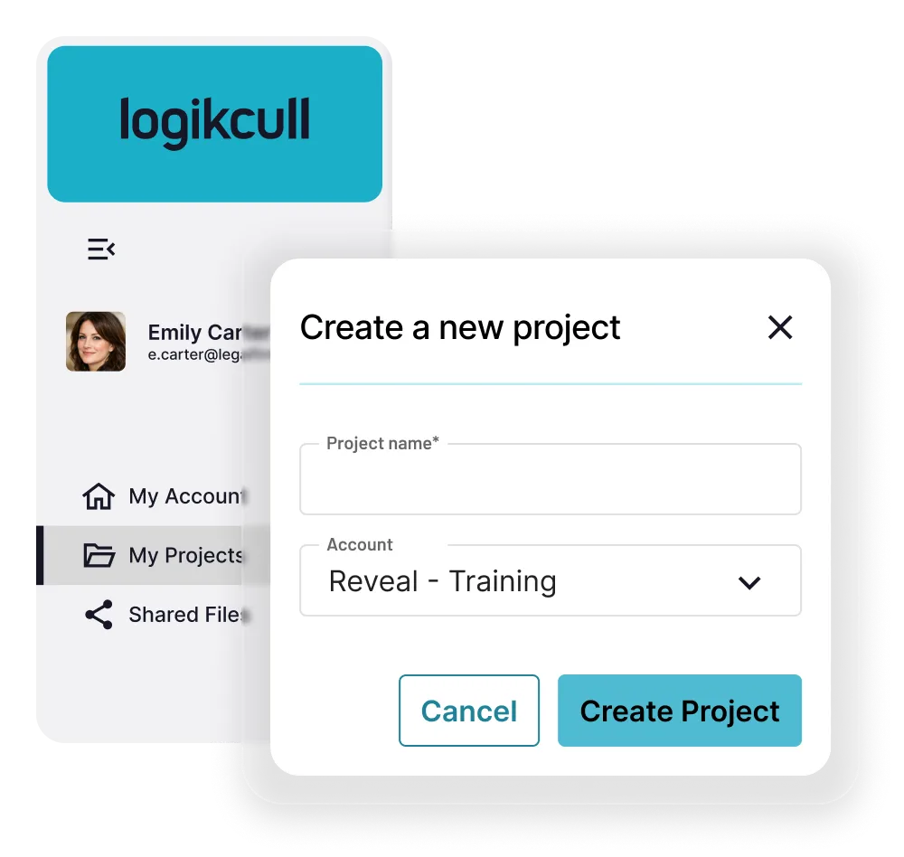 Logikcull interface showing a pop-up window to create a new project with fields for project name and account selection, plus Cancel and Create Project buttons.