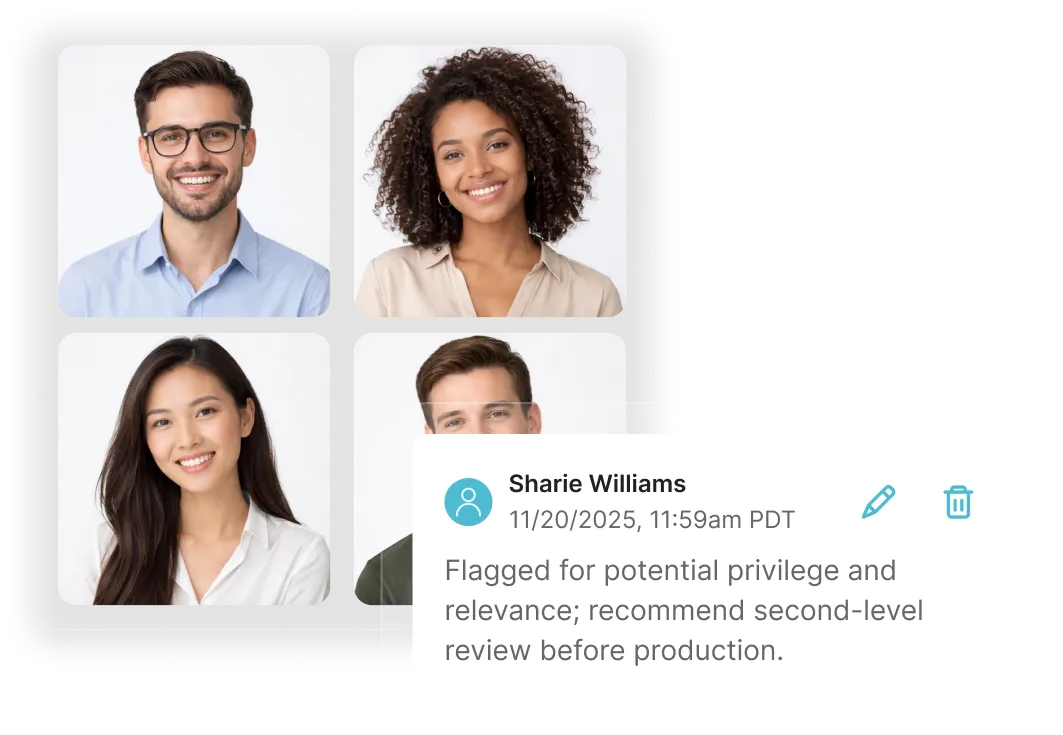 Grid of four diverse people smiling on a video call with an overlay comment from Sharie Williams recommending second-level review for flagged content.
