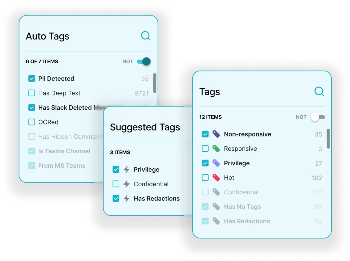 Three overlapping user interface panels showing auto tags, suggested tags, and tags with checkboxes and toggle switches for filtering items related to text detection and responsiveness.