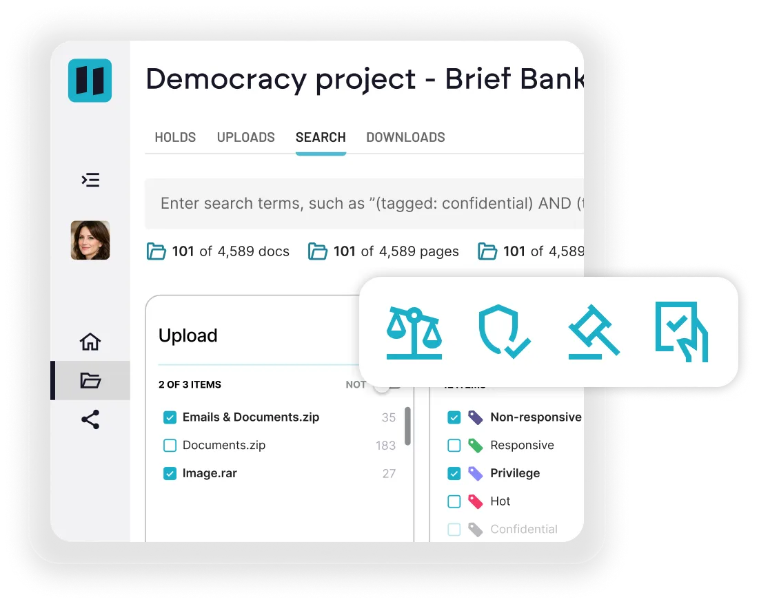 User interface of Democracy project Brief Bank showing search tab with folder icons, document counts, file upload list, and filter tags including Non-responsive, Responsive, Privilege, Hot, and Confidential.
