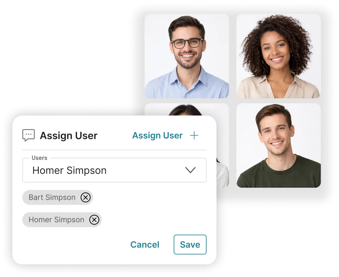 User interface showing user assignment with profile photos of four people and a dialog box listing users Homer Simpson and Bart Simpson with options to assign, cancel, or save.