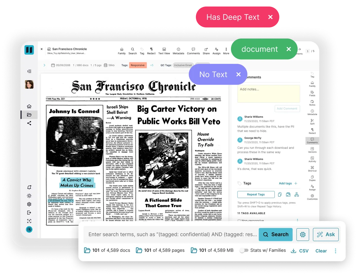 Screenshot of document viewer showing a newspaper front page with OCR search interface and comment tags labeled 'Has Deep Text', 'document', and 'No Text'.