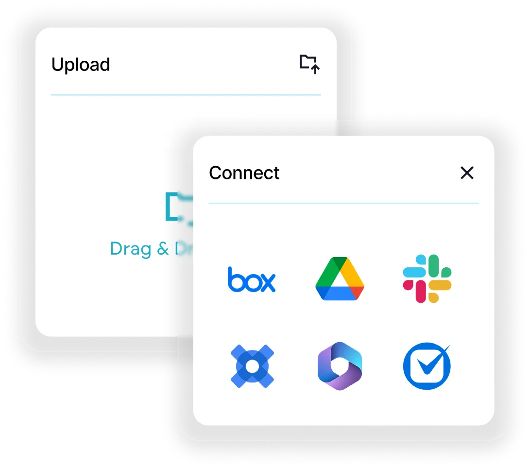 Interface showing two overlapping windows labeled 'Upload' with an option to drag and drop files, and 'Connect' listing icons for Box, Google Drive, Slack, and three other applications.