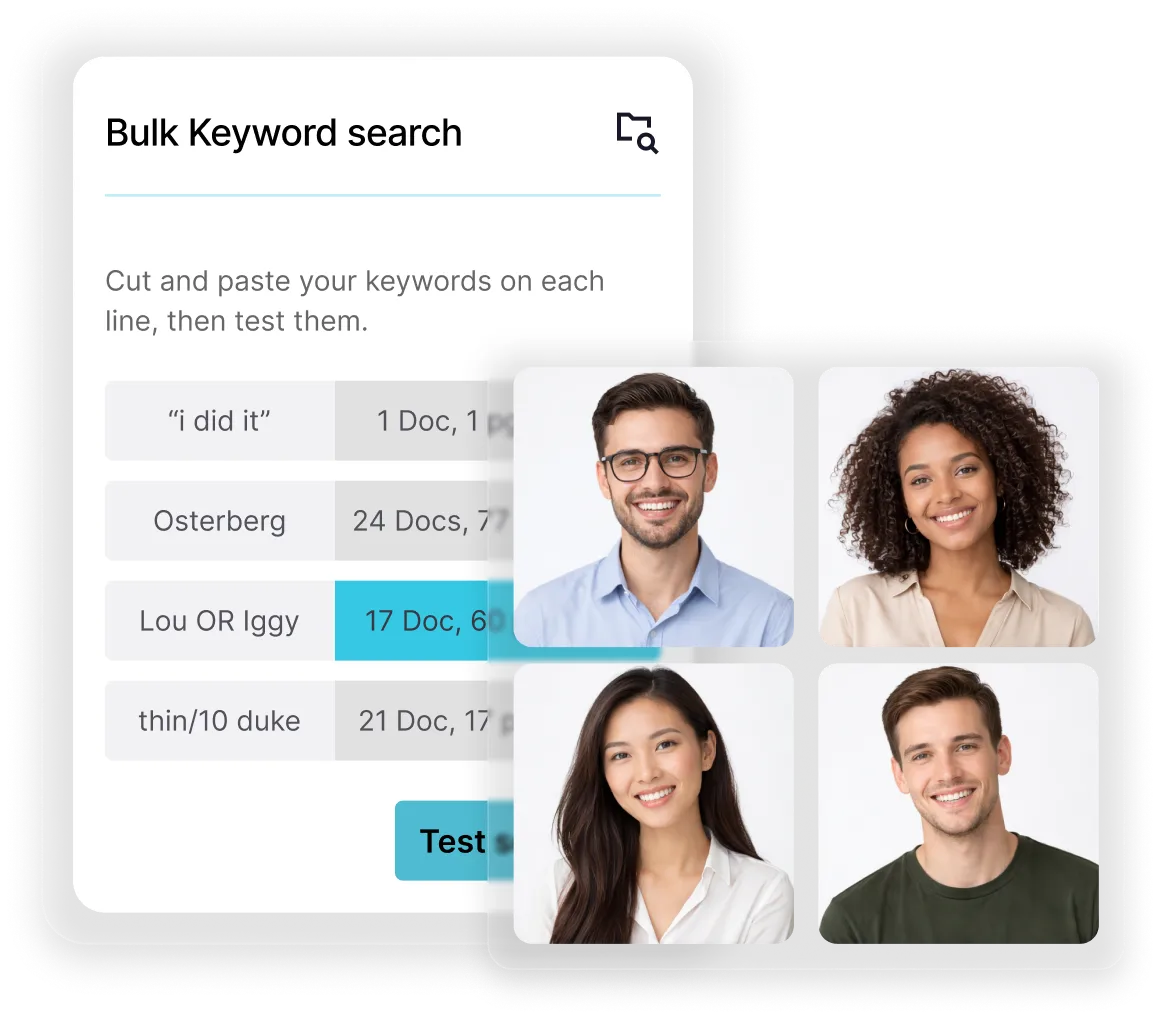 Interface showing bulk keyword search input with four sample keywords and a highlighted row; next to it are profile photos of four smiling diverse people.