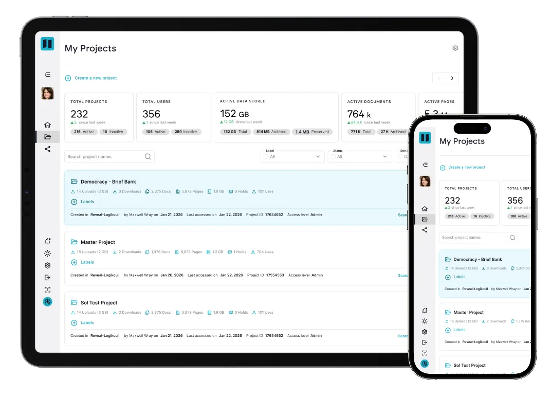 Tablet and smartphone screen displaying a project management dashboard with project statistics and project lists.