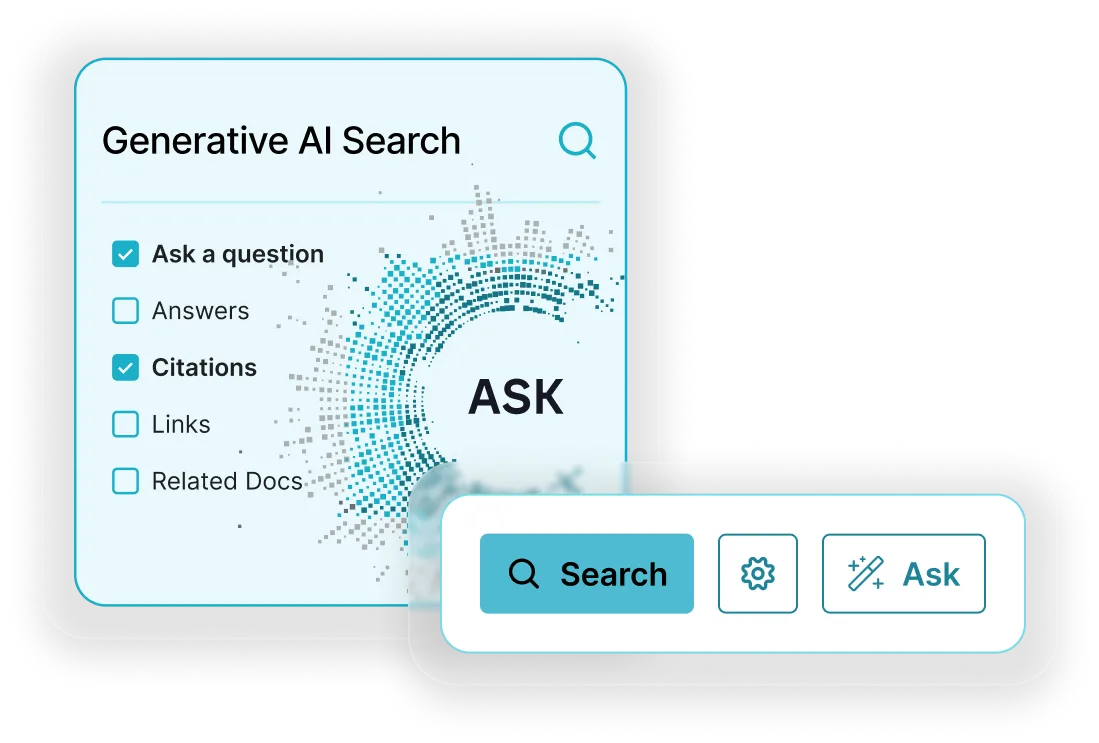 User interface of a generative AI search with options to ask a question, view citations, answers, links, and related documents, featuring search and ask buttons.