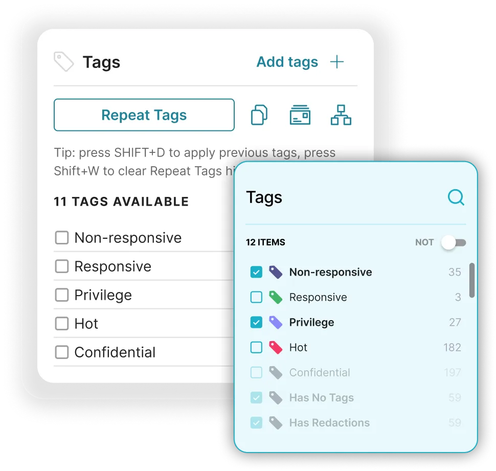 User interface showing two overlapping tag selection panels with options like Non-responsive, Responsive, Privilege, Hot, and Confidential with some tags checked.