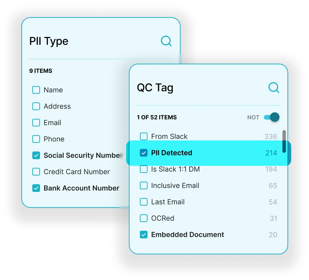 Two overlapping interface panels showing selectable PII types including Social Security Number and Bank Account Number, and QC tags including PII Detected and Embedded Document.