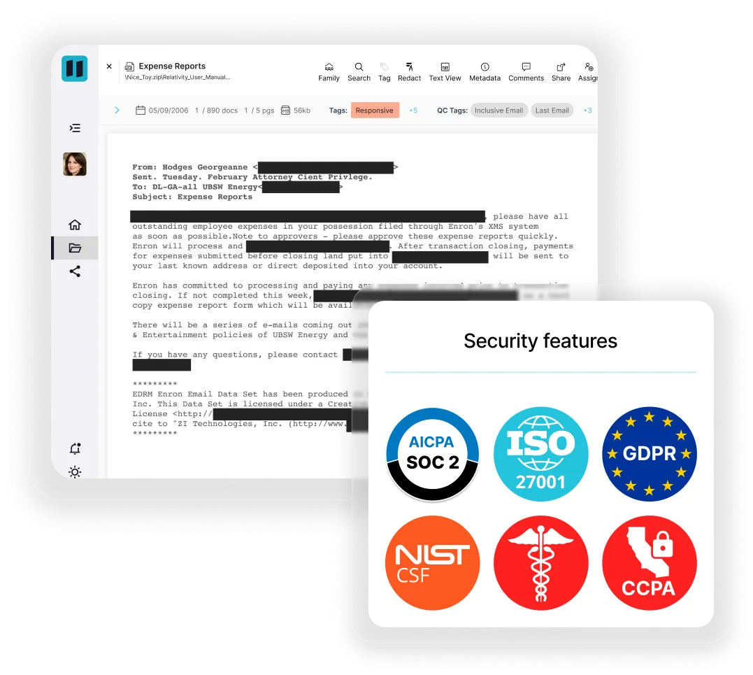 Tablet screen showing a redacted email about expense reports and a popup listing security features with logos of AICPA SOC 2, ISO 27001, GDPR, NIST CSF, HIPAA, and CCPA.