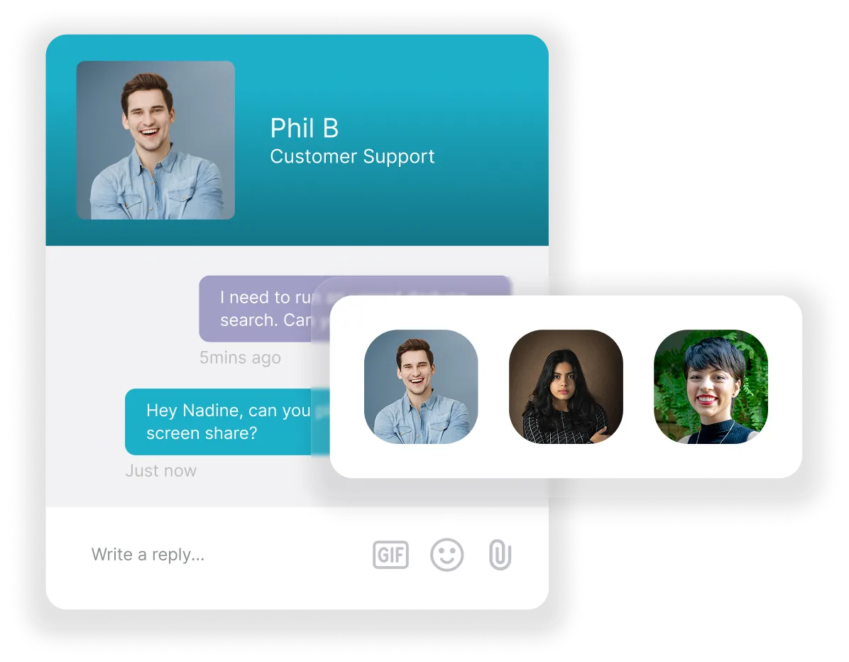 Customer support chat interface showing conversation with Phil B and a floating overlay with profile photos of three people.
