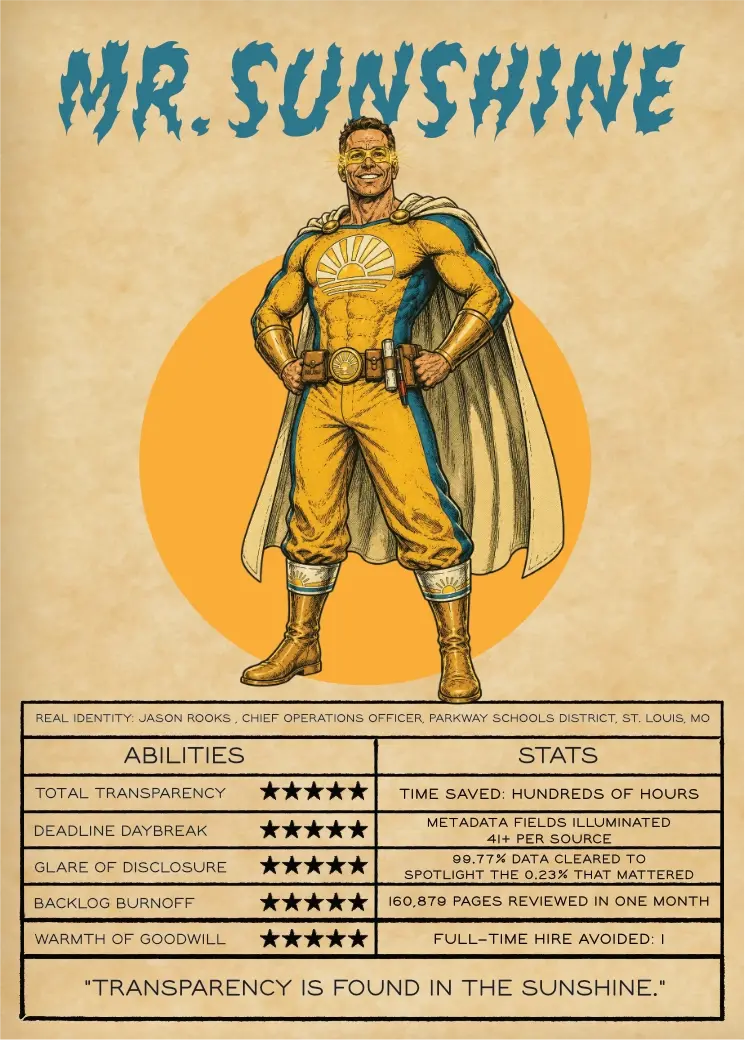 Comic-style superhero Mr. Sunshine in yellow and blue with a sun emblem and cape, standing confidently.