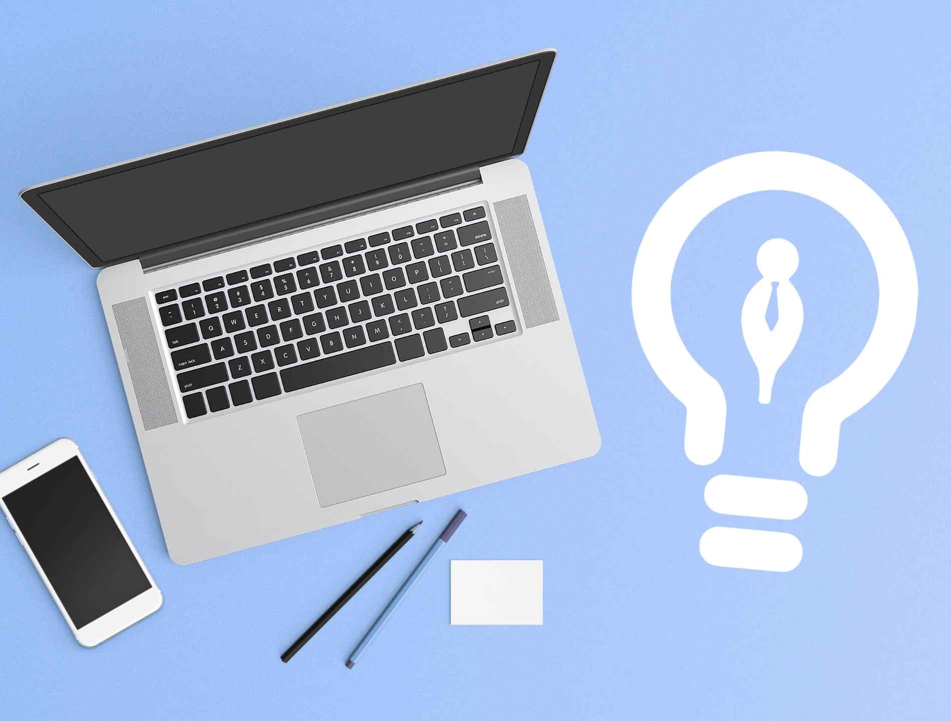 carnet, ordinateur, logo CB Smart Recruit, fond bleu