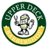 Upper Deck Barbershop logo featuring a barber pole character holding scissors and a comb inside a green and yellow circular badge.