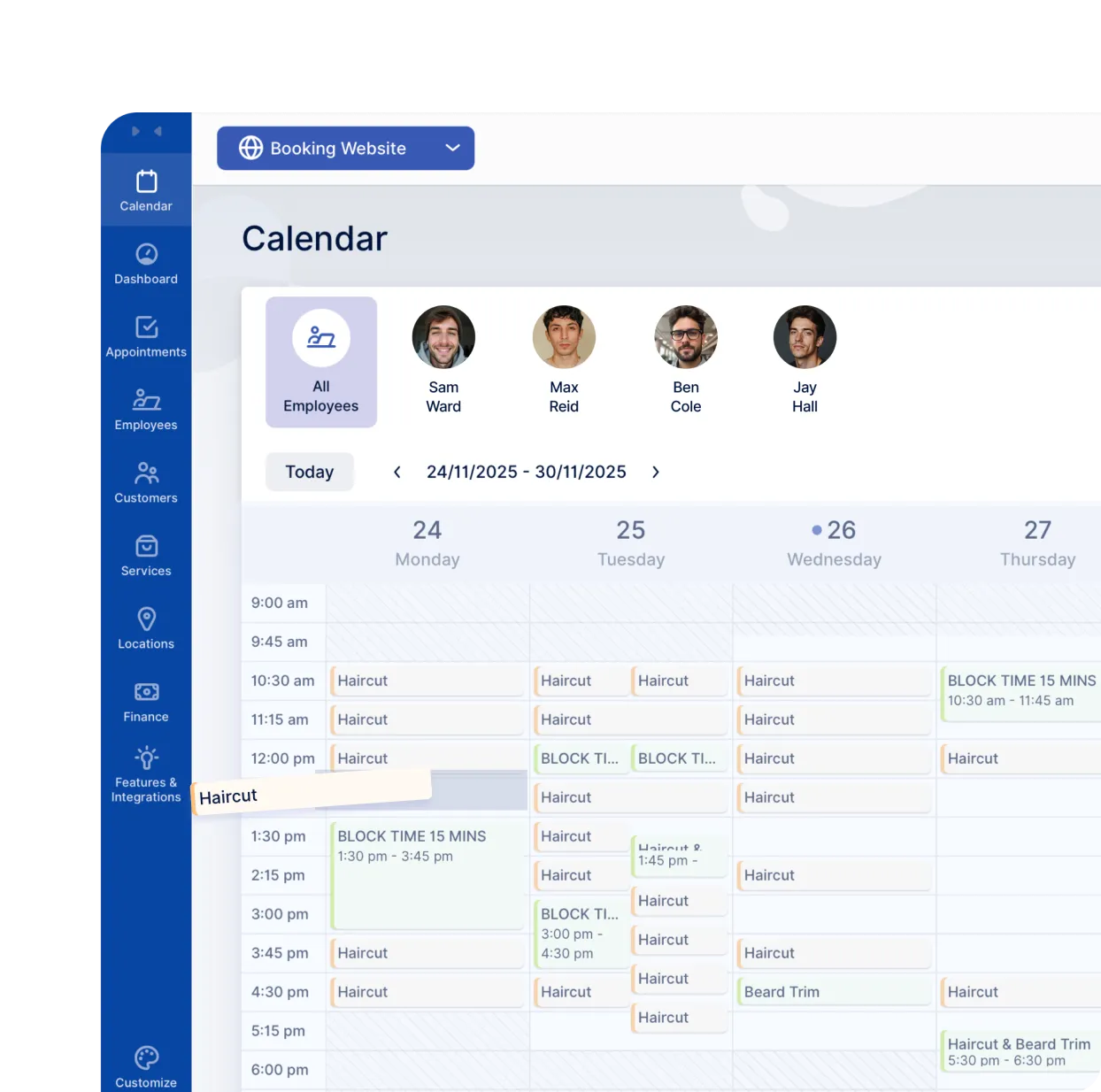 Digital calendar interface showing employee schedules for haircuts and beard trims from November 24 to 27, 2025, with employee photos and names at the top.