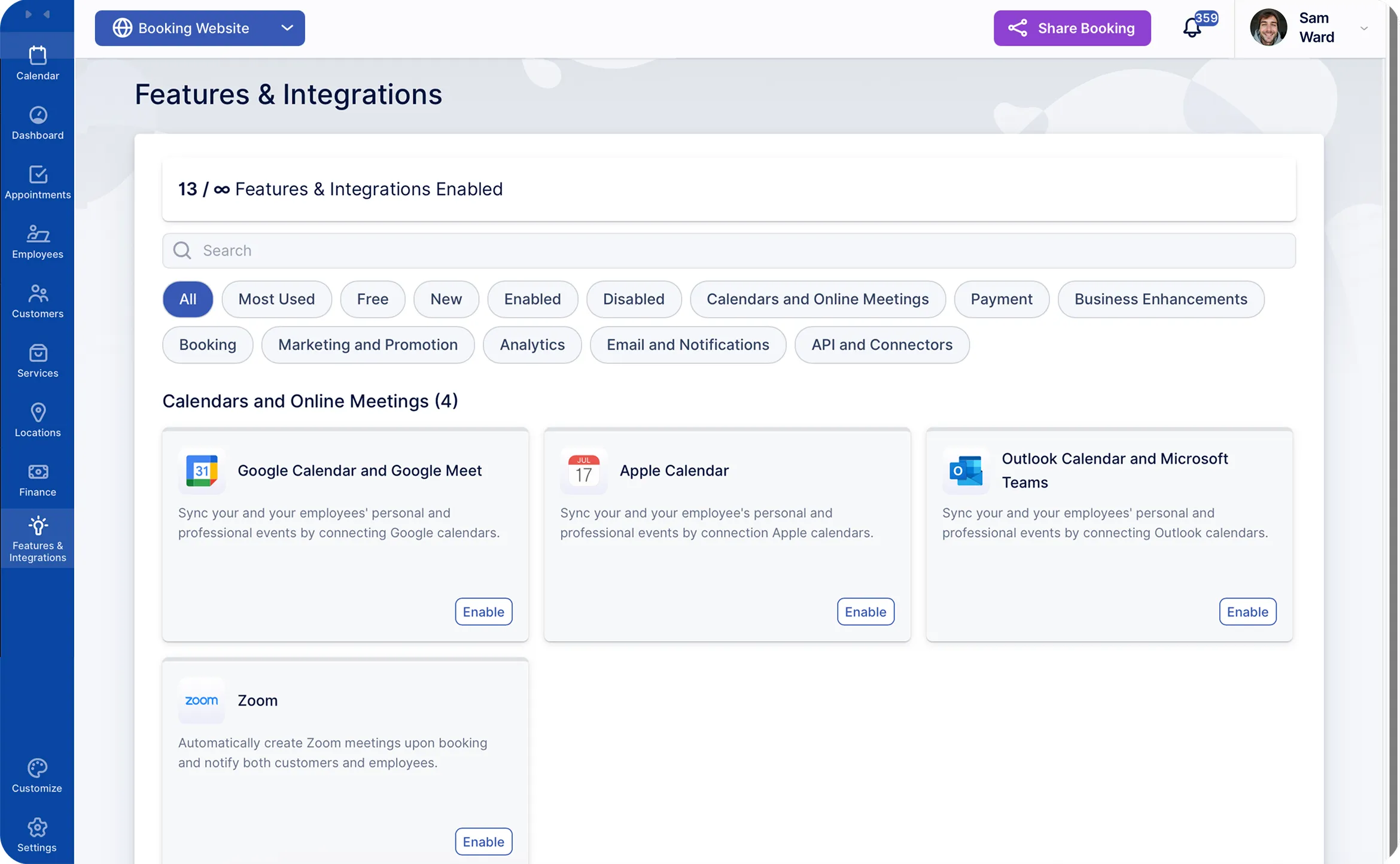 Weekly calendar view showing appointments for haircuts and beard trims from November 24 to 30, 2025, with employee photos and a sidebar menu including Calendar, Dashboard, Appointments, Employees, Customers, Services, Locations, Finance, Features & Integrations, Customize, and Settings.
