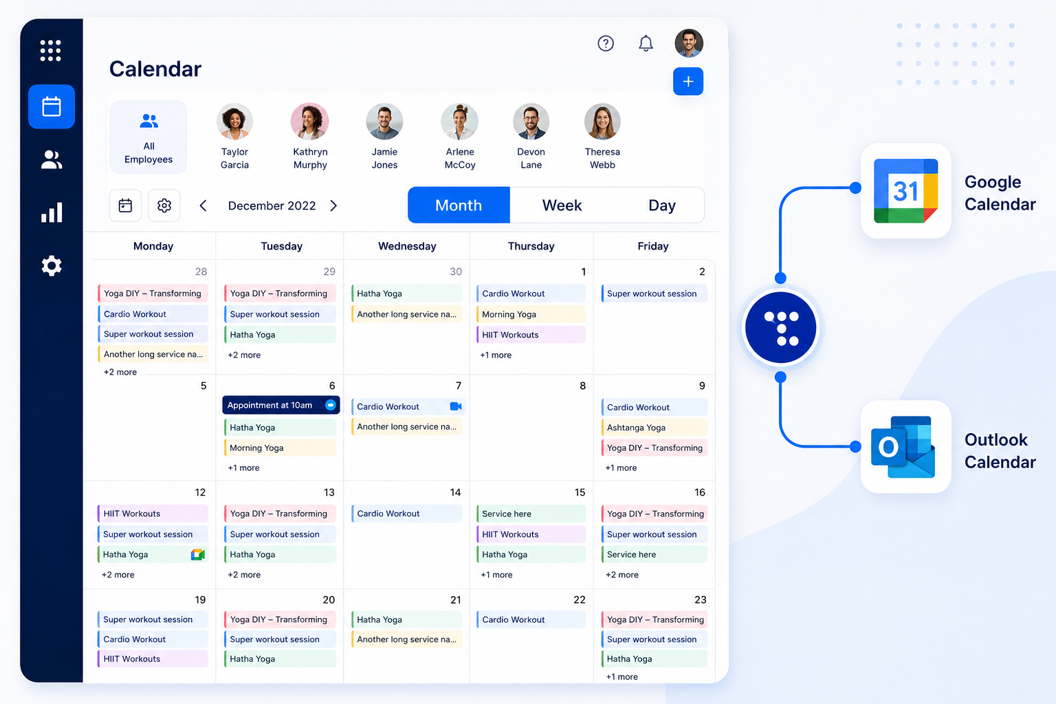 Digital calendar interface showing employee schedules for haircuts and beard trims from November 24 to 27, 2025, with employee photos and names at the top.