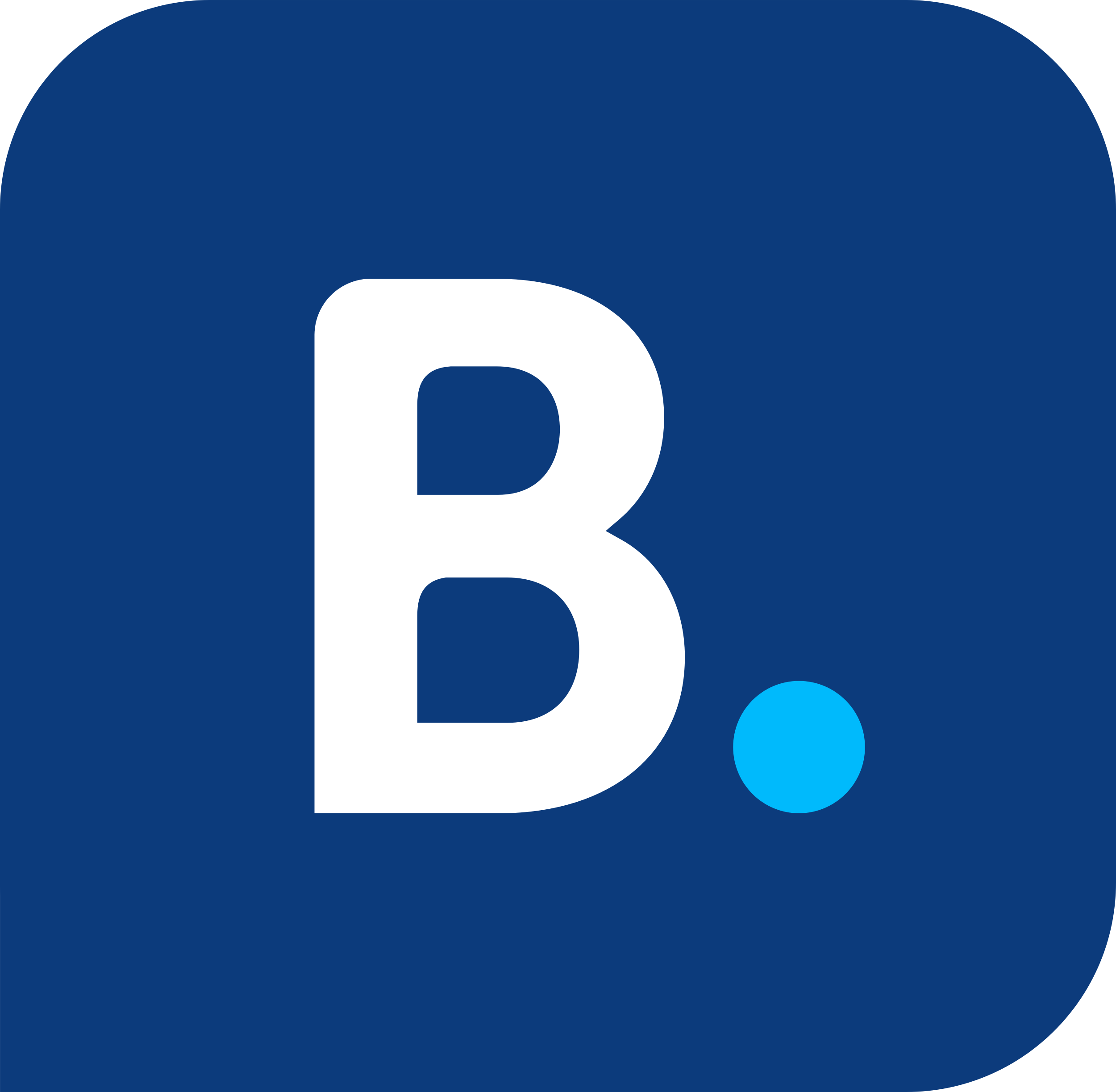 White letter B and blue dot on dark blue rounded square background.