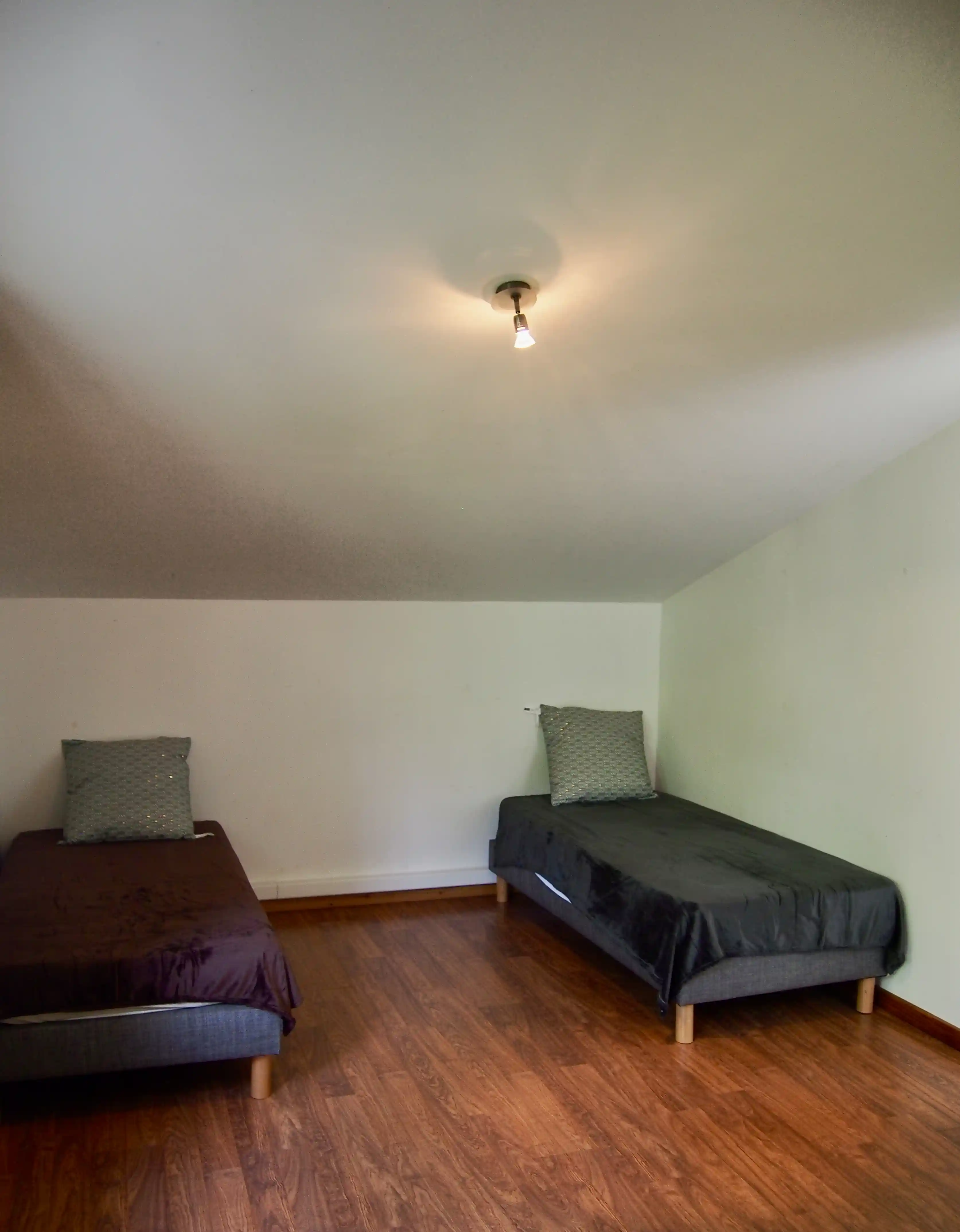 Minimalist bedroom with two single beds, each with a pillow and dark bedding, on wooden floor under a ceiling light.