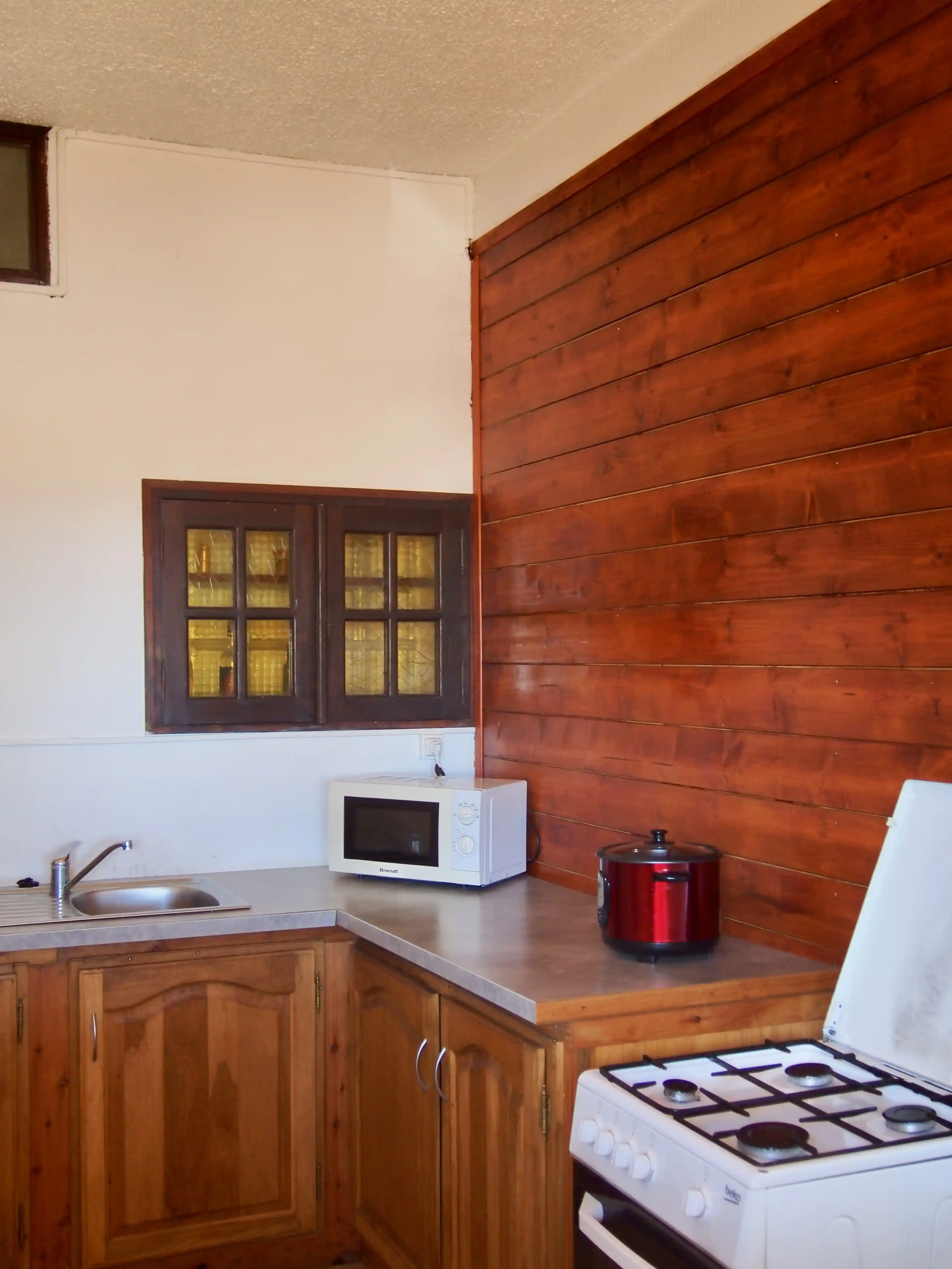 Kitchen corner with wooden cabinets, white countertop holding a microwave and red rice cooker, a stainless steel sink, and a white gas stove.
