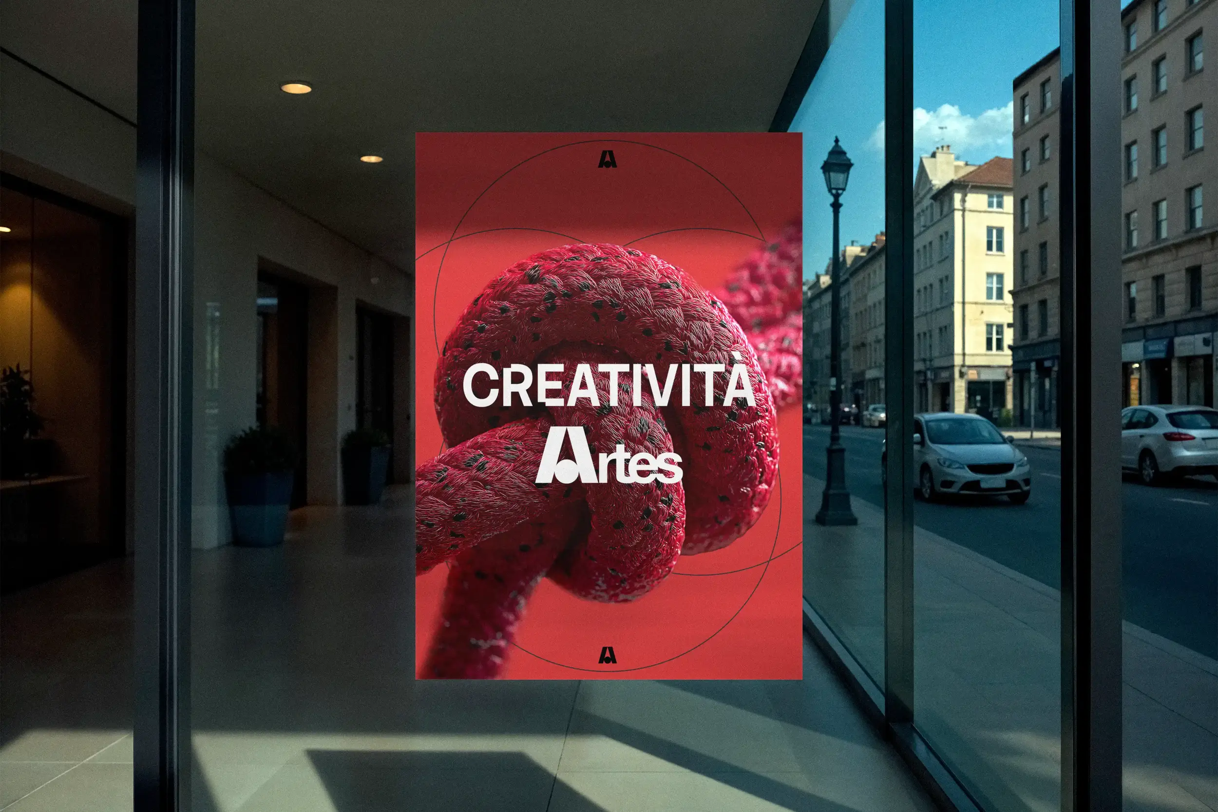 Grafica pubblicitaria di Artes esposta su una vetrina lungo una strada urbana