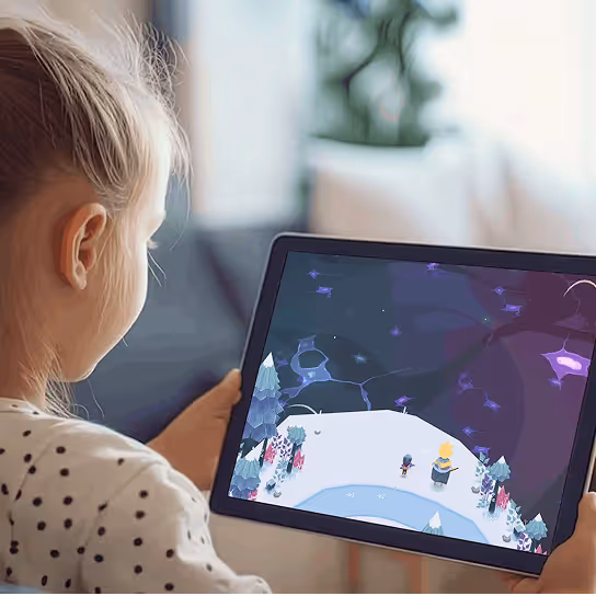 A young girl playing Babaoo on tablet