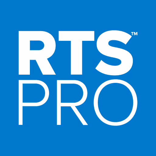 RTS PRO logo with white bold text on a blue background.