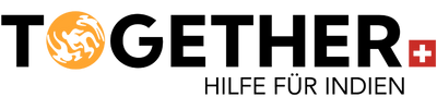 Logo mit orangem stilisiertem Symbol und schwarzem Text ‚Together Indien‘, daneben ein rotes Quadrat mit weißen Zeichen.