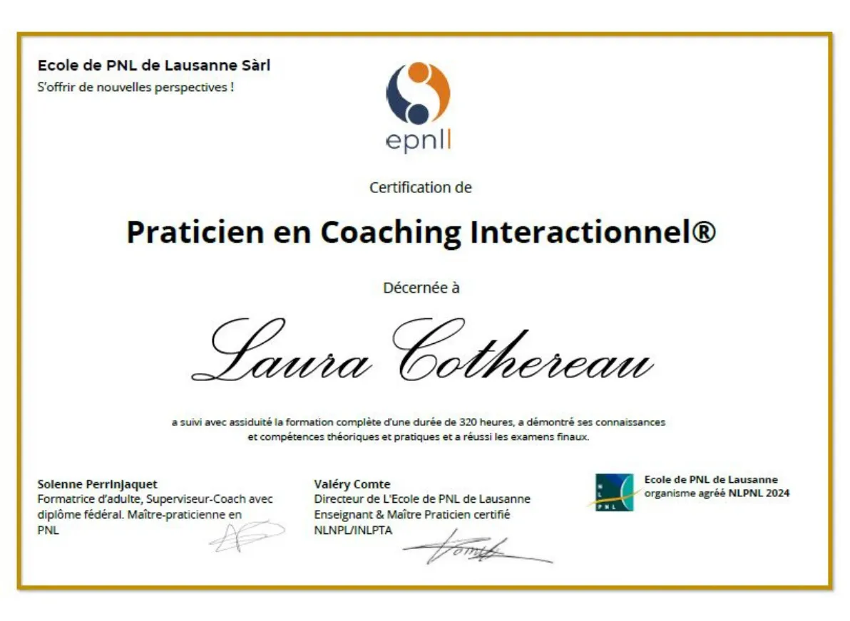 Certification de praticienne en coaching interactionnel décernée à Laura Cothereau.