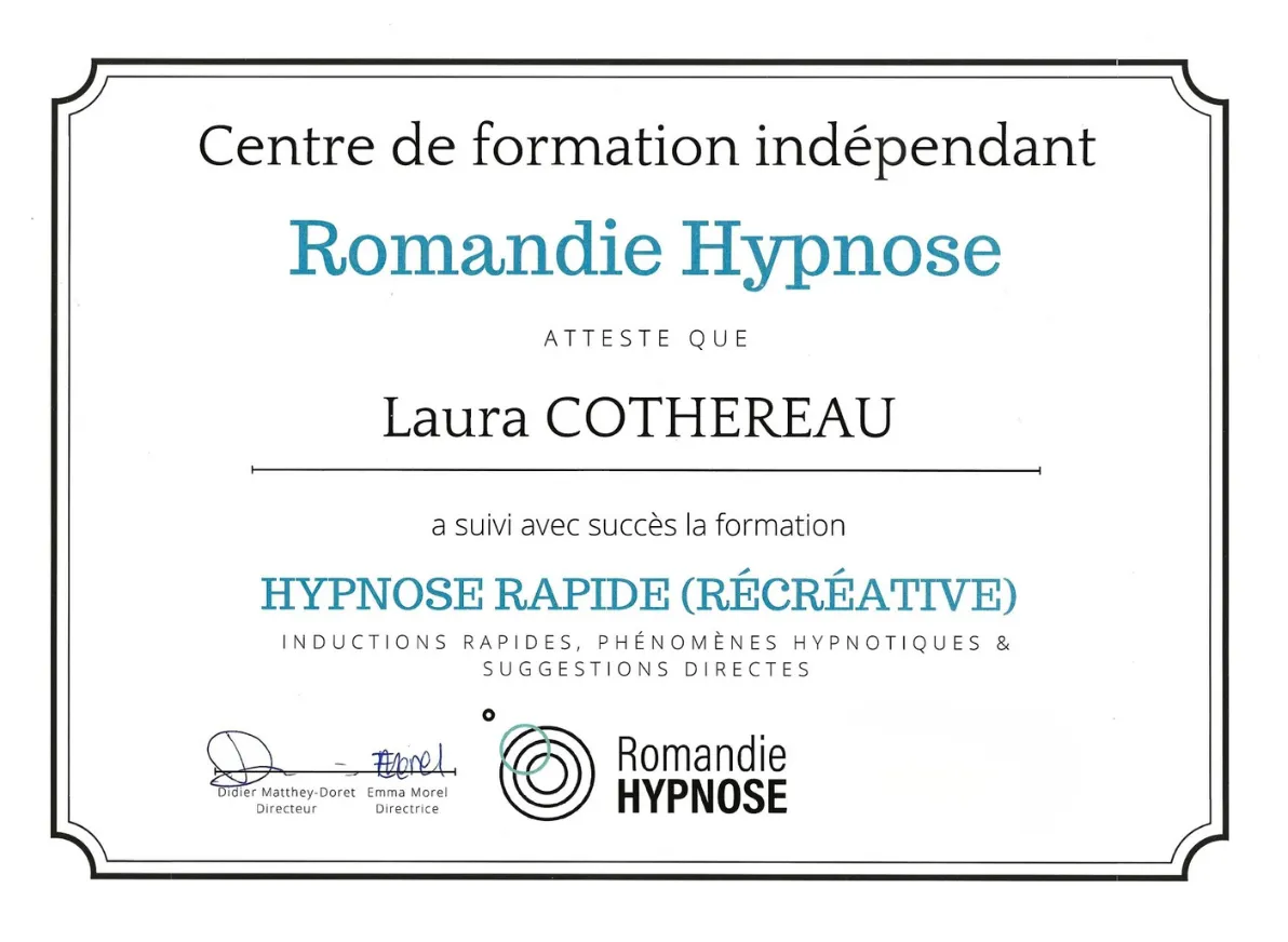 Certification en hypnose rapide et récréative au nom de Laura Cothereau.