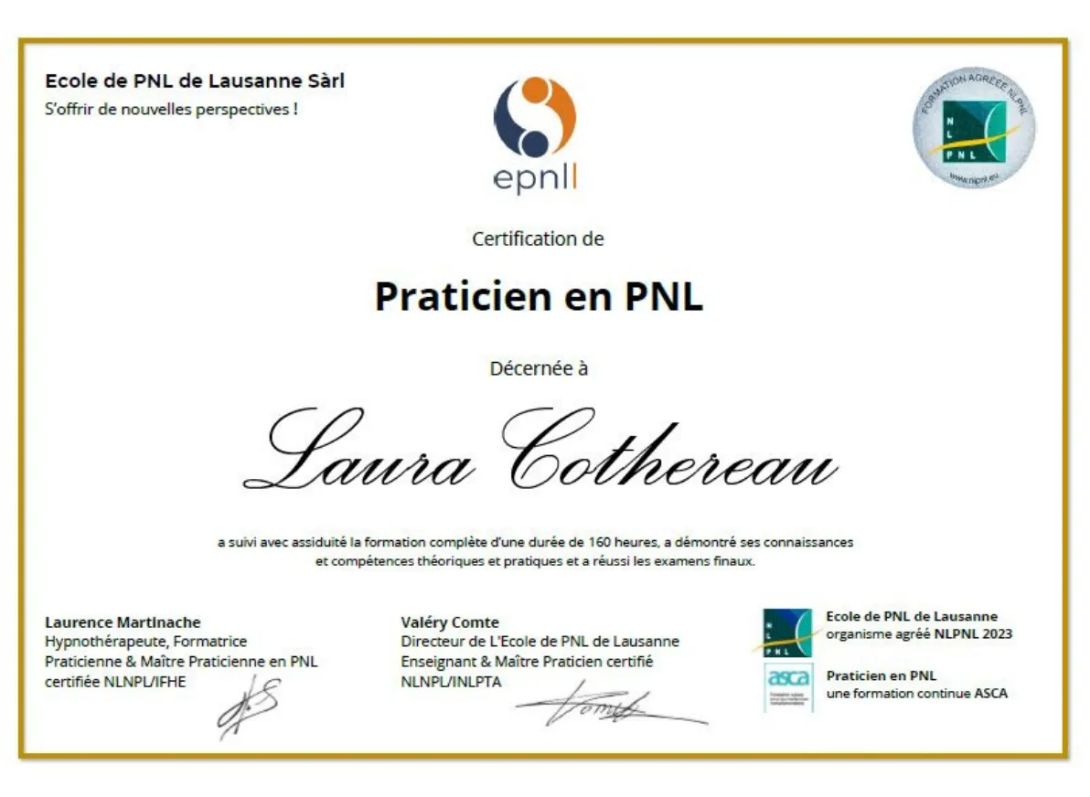 Certification de praticienne en PNL décernée à Laura Cothereau.