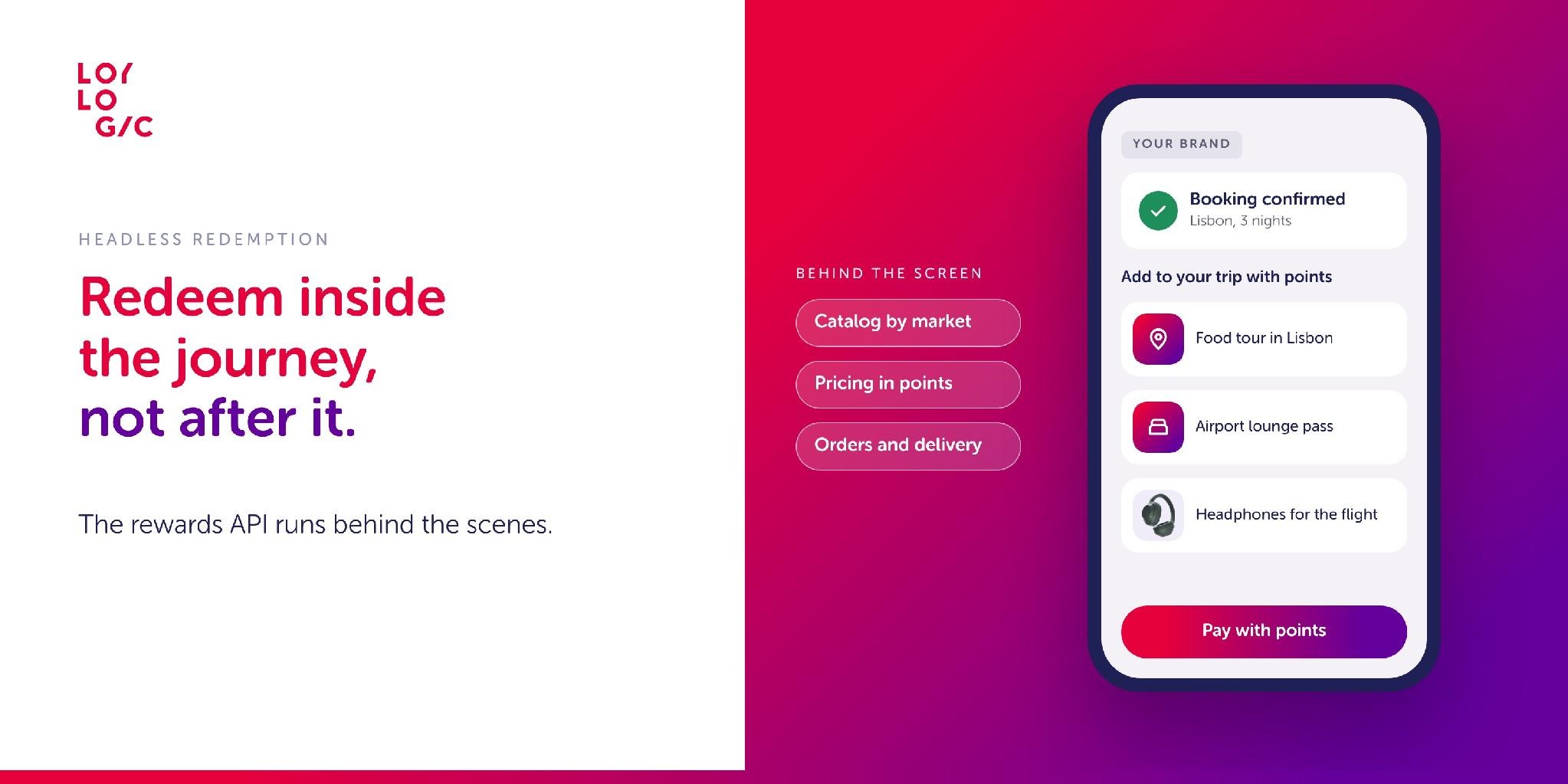 Headless redemption: a booking confirmation screen offering rewards for points, powered by a rewards API