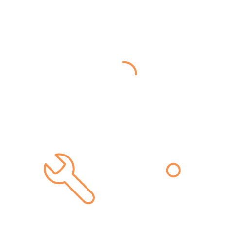 Icon depicting a lightbulb, network, and wrench in three overlapping circles