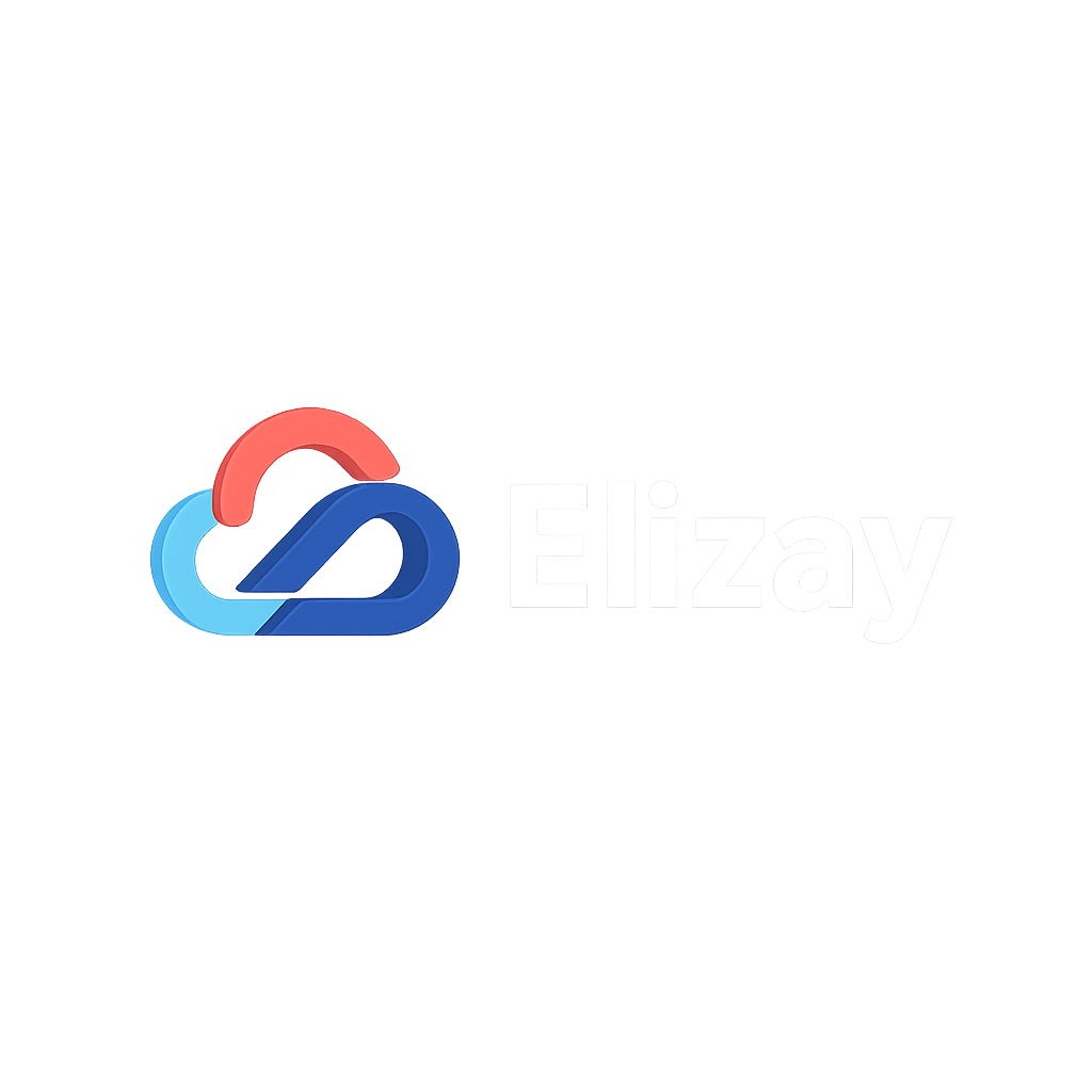Logo lumineux avec un symbole stylisé en forme de nuage coloré en rouge, bleu foncé et bleu clair, à côté du texte blanc « Elizay ».