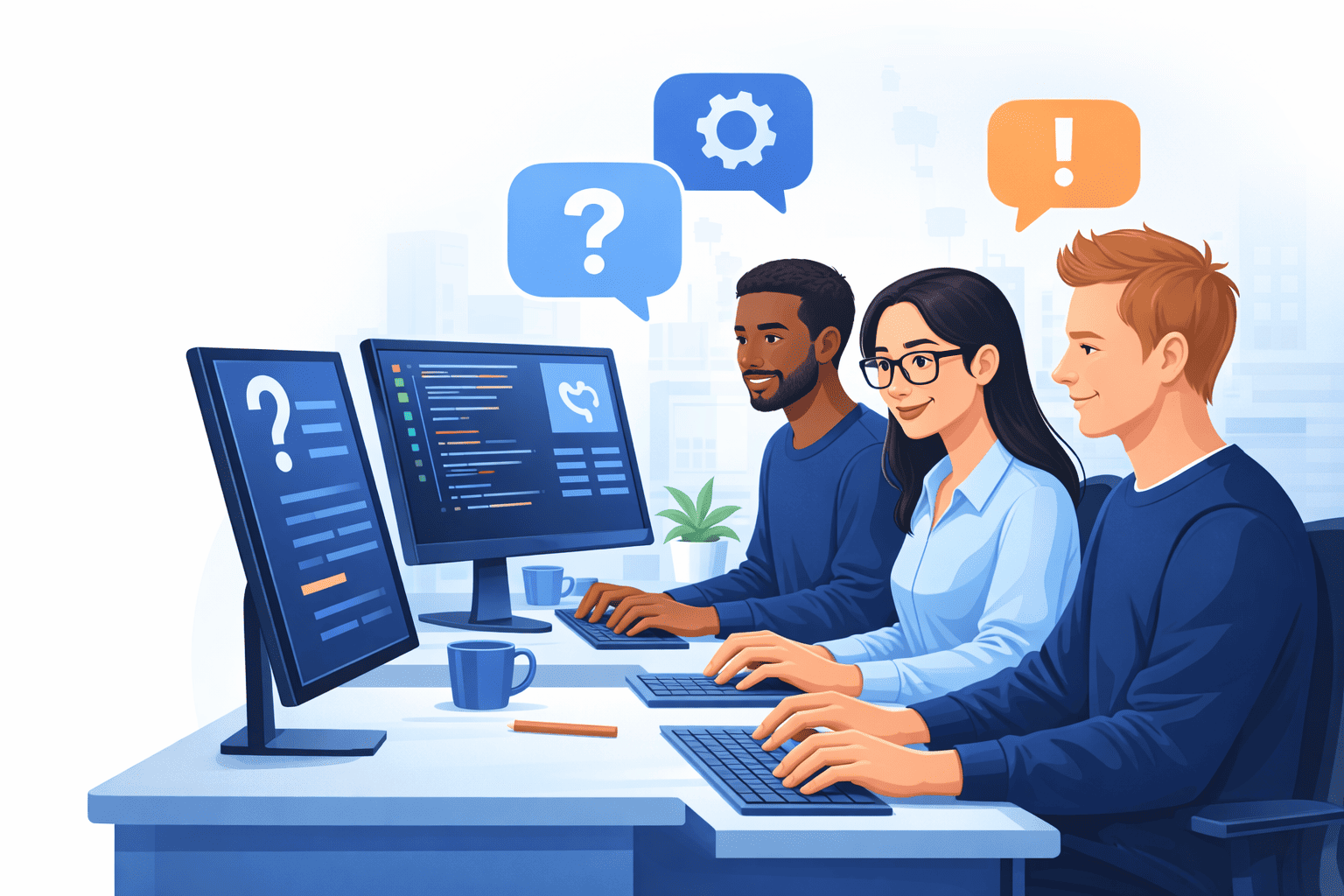 Trois collègues souriants collaborant sur des ordinateurs avec des bulles de dialogue contenant un point d'interrogation, un engrenage et un point d'exclamation.
