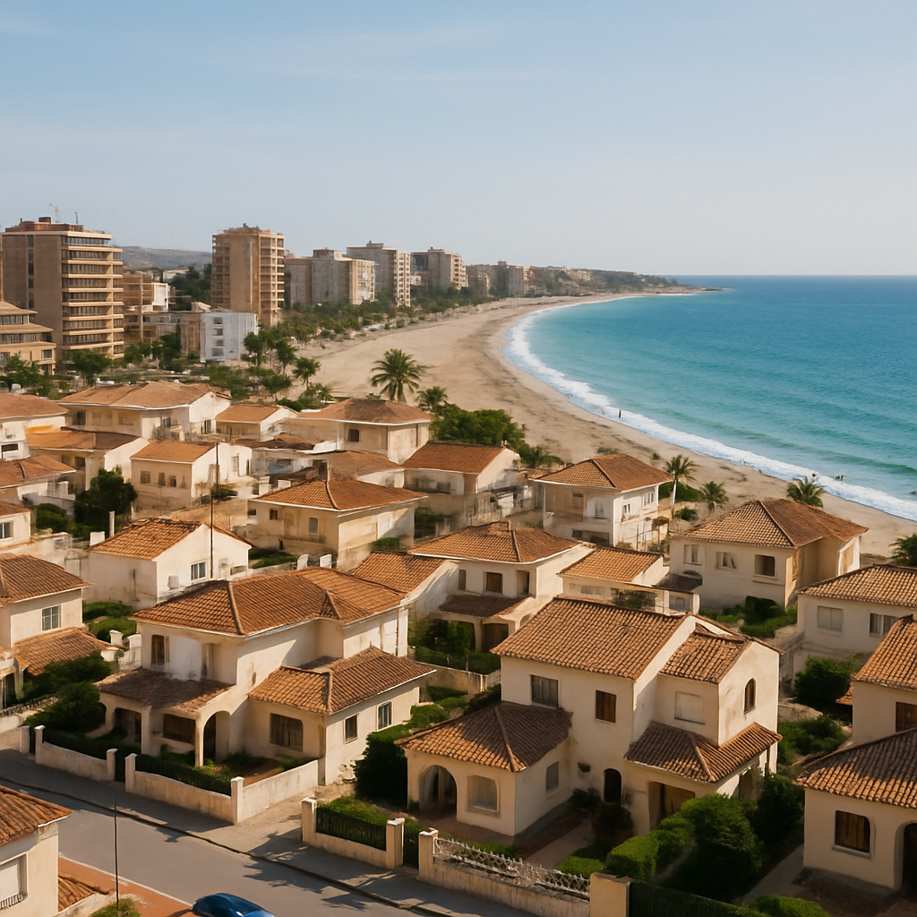 Spaanse vastgoedmarkt met huizen en kustlijn