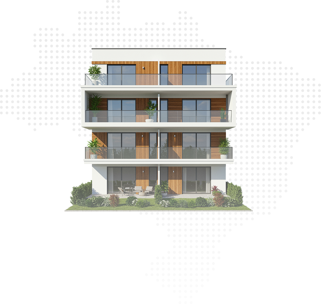 Prédio residencial moderno de quatro andares com varandas de vidro, painéis de madeira e plantas decorativas, cercado por jardins.