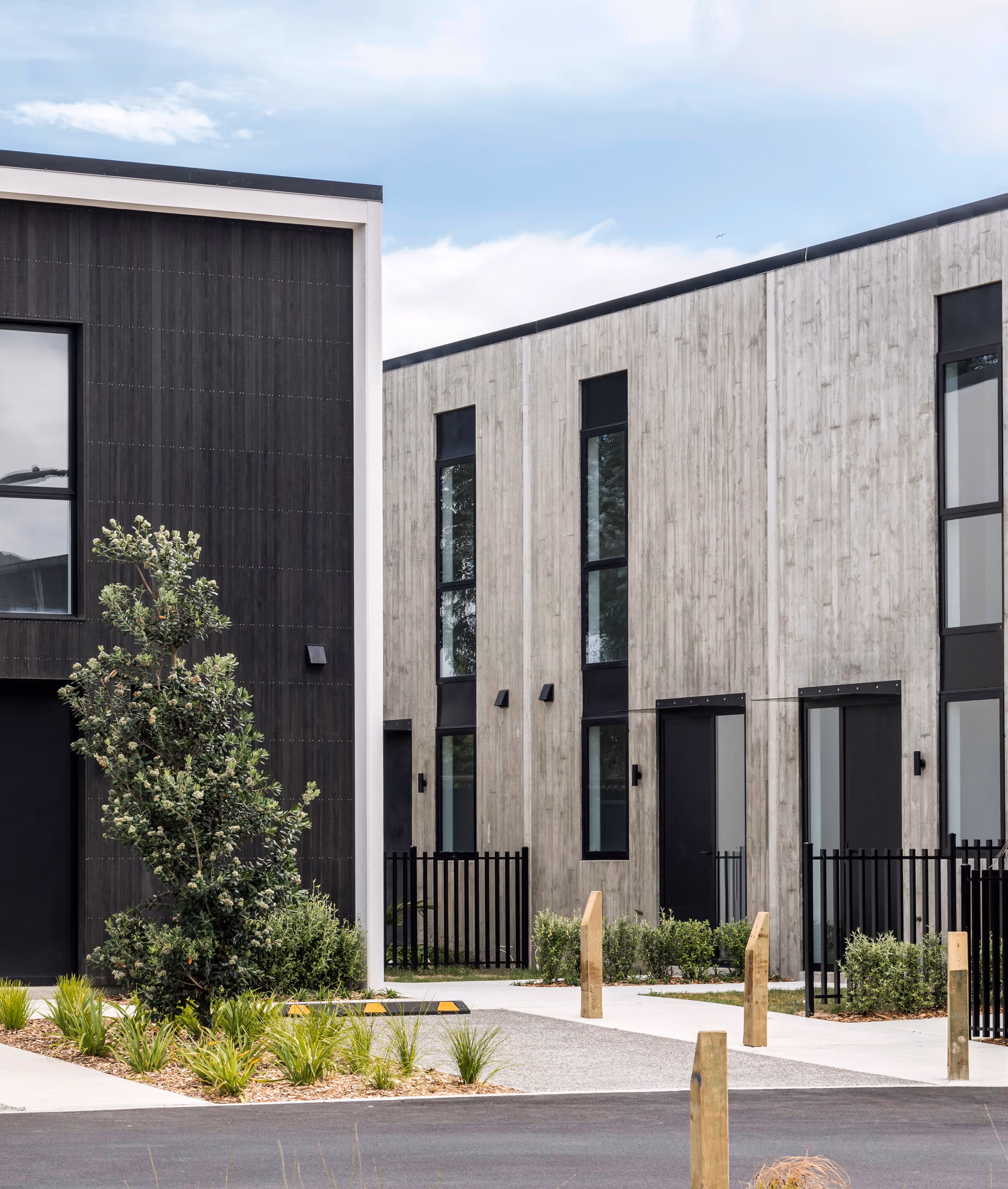 Modern residential buildings with gray and black wood-like exterior panels, black windows, and small green plants in front.