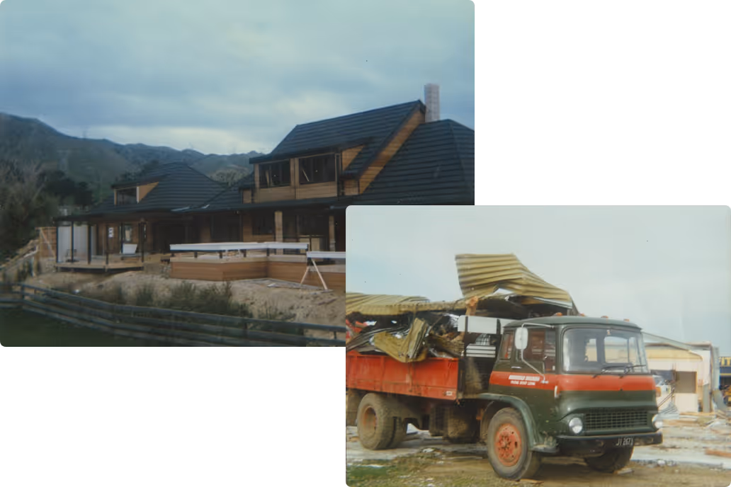 Two images: one of a large wooden house under construction with mountains in the background, and another of a vintage green and red truck loaded with crushed metal sheets.